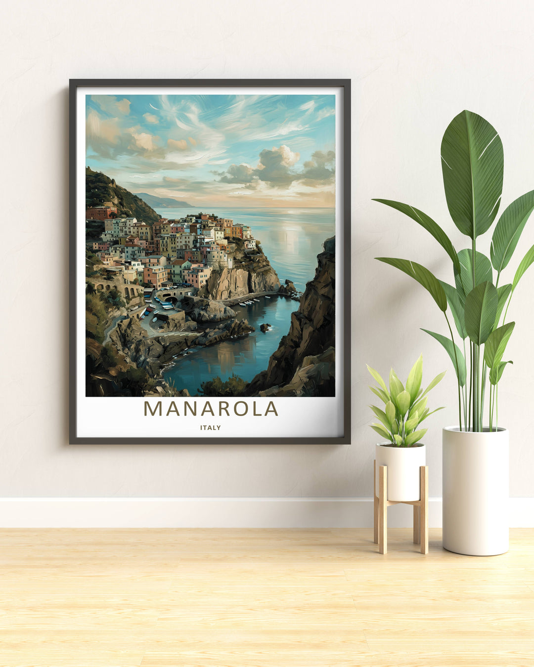 Modern wall art featuring a retro style layout of the iconic cliffside neighborhood of Manarola Cinque Terre Italy, which can be ordered as a stretched canvas format, standalone poster, or pure gold frame.