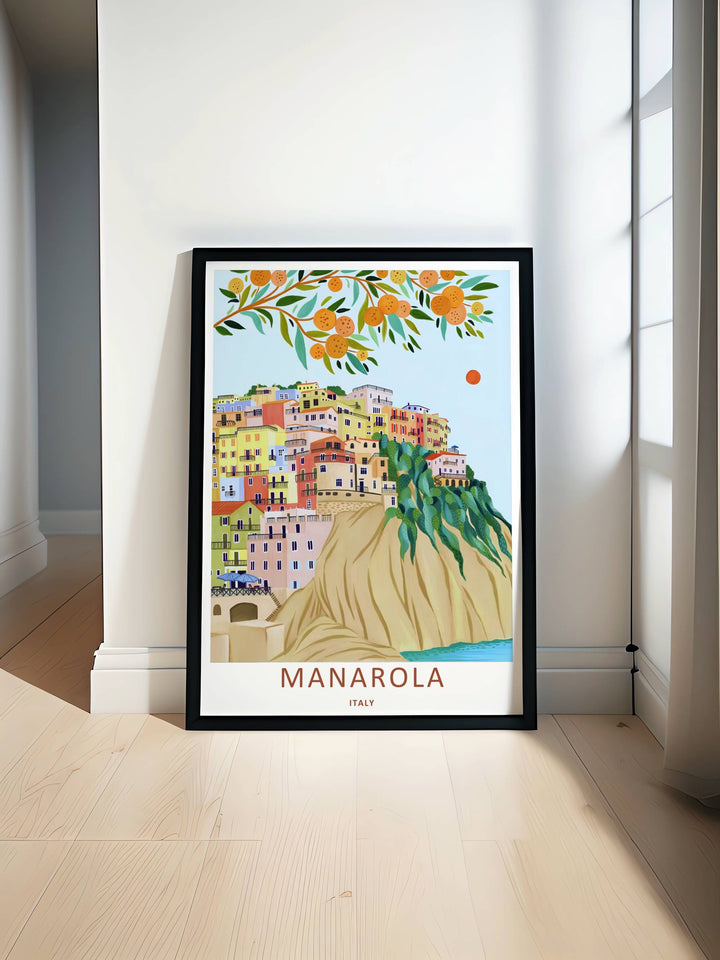 Minimalist Manarola Cinque Terre Italy travel poster of the iconic seaside town scene overlooking the turquoise sea without text, customizable as a canvas piece or a wood framed wall accent.