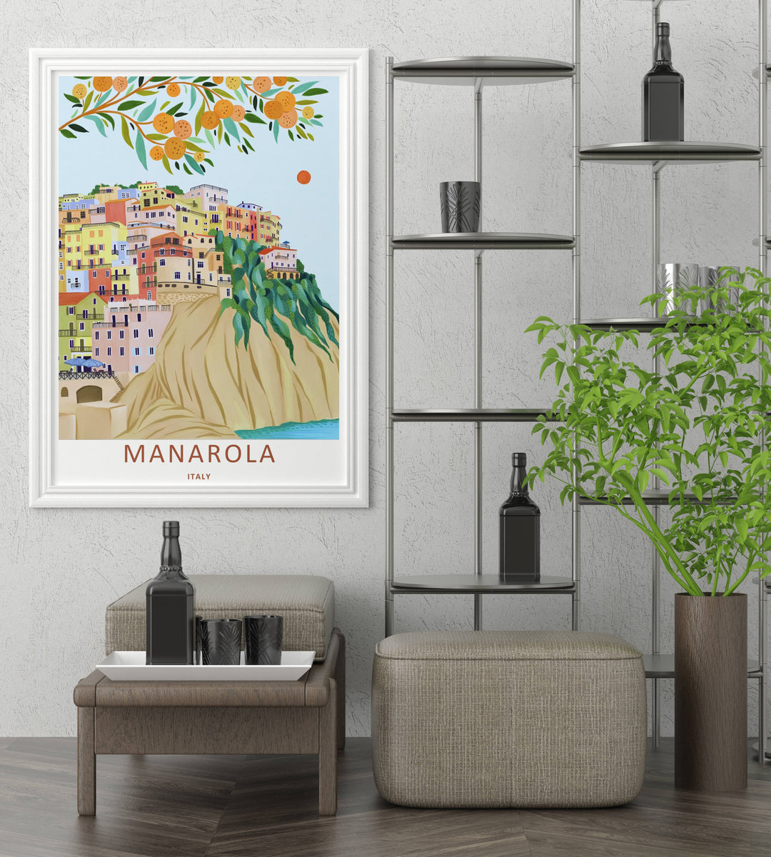 A detailed artistic Manarola Cinque Terre Italy travel poster displaying an elegant seaside view from below the cliffs, selectable as a wrapped canvas format or a loose matte poster print.