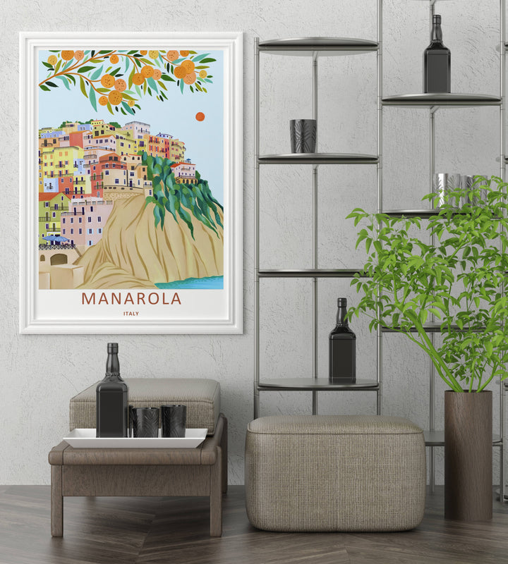 A detailed artistic Manarola Cinque Terre Italy travel poster displaying an elegant seaside view from below the cliffs, selectable as a wrapped canvas format or a loose matte poster print.