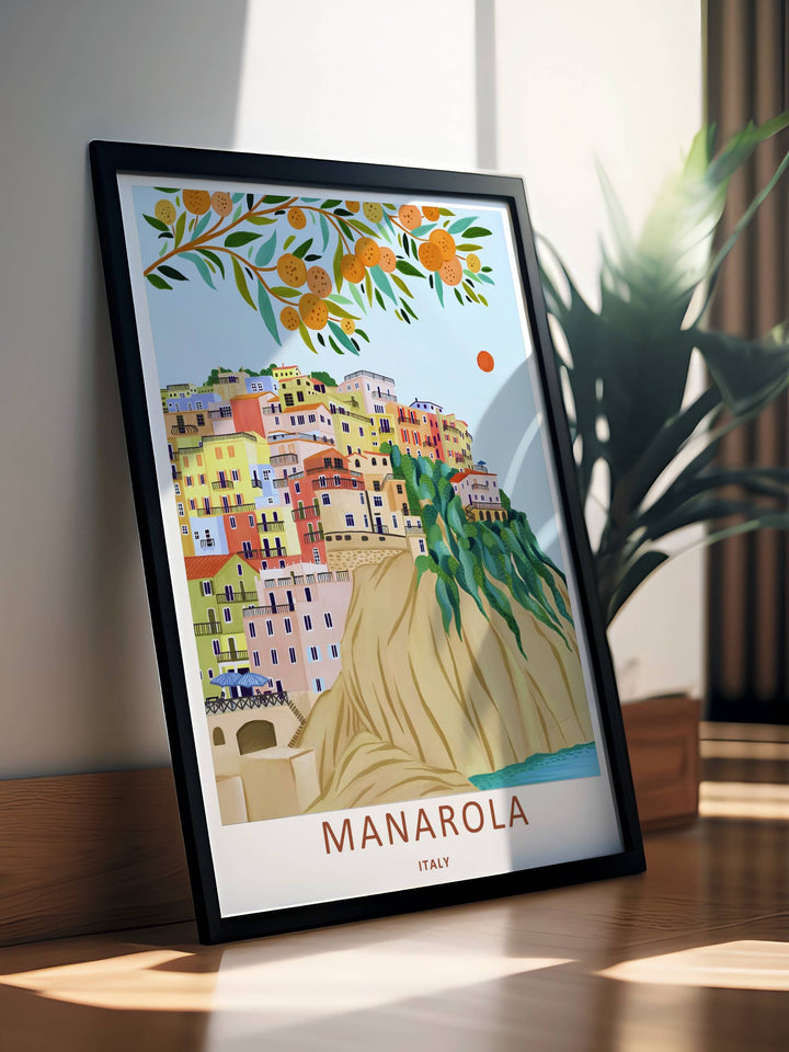 A stunning Italian resort theme print showcasing fluid geometric house layers and citrus fruit details framing the coast of Manarola Cinque Terre Italy, available in flexible print layouts.
