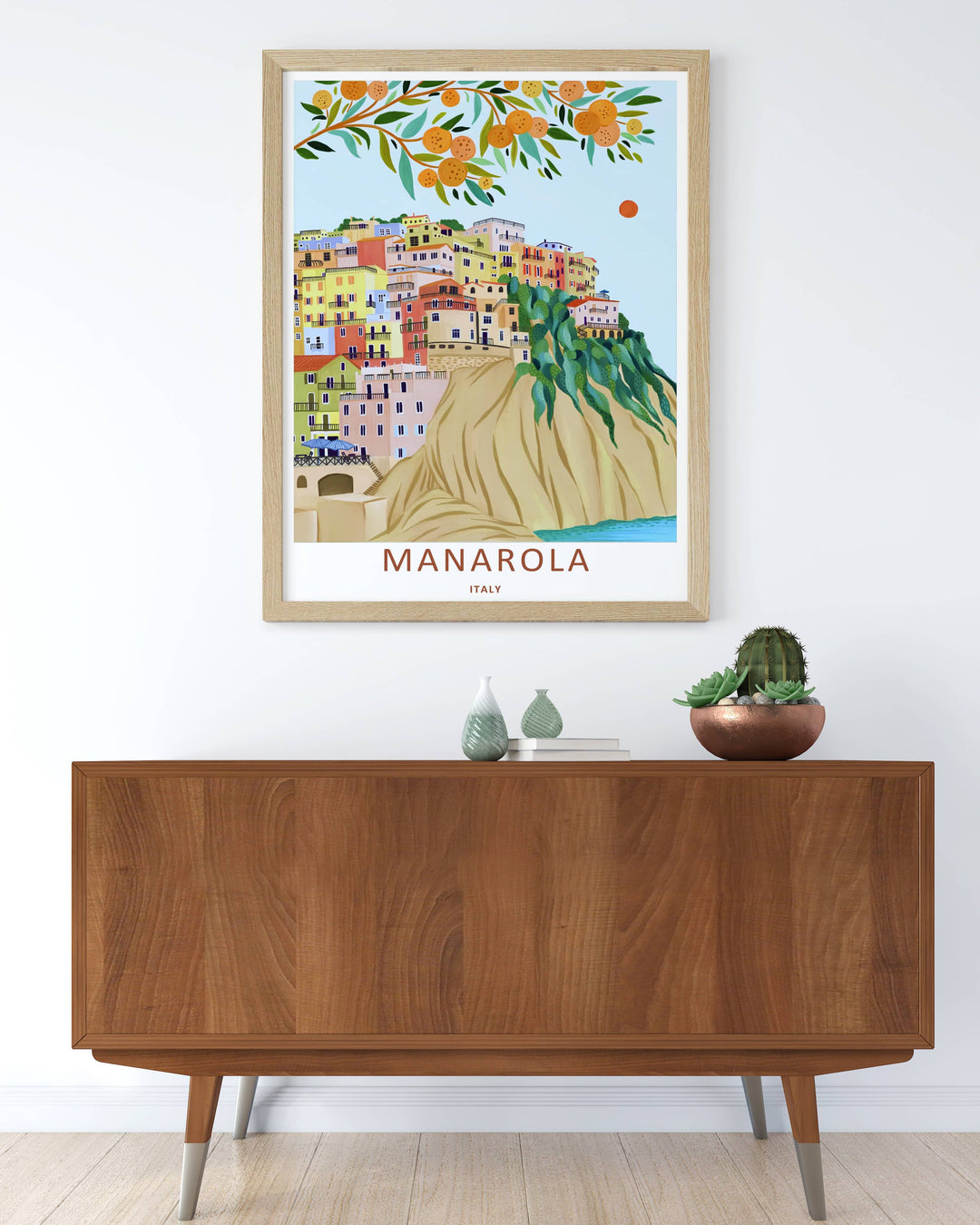 Colorful folk art illustration print of the world-famous coastal scenery and smooth stone bluffs of Manarola Cinque Terre Italy, crafted as a premium canvas wall print or a luxury gold framed piece.