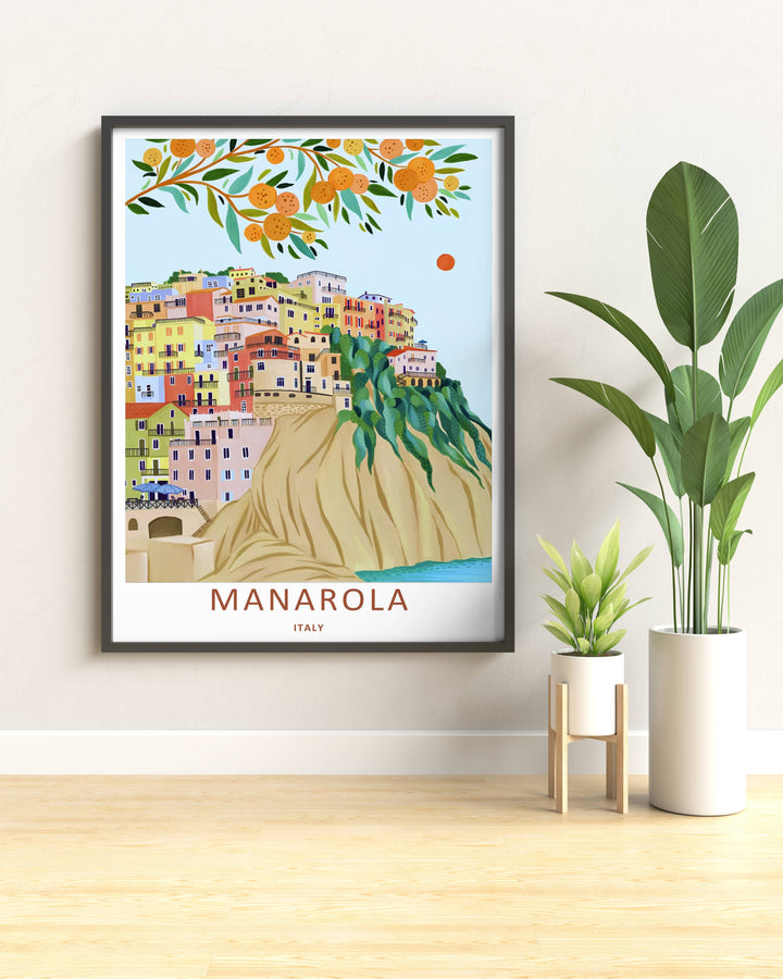 Modern wall art featuring a retro style layout of the iconic cliffside village and hanging tree branches of Manarola Cinque Terre Italy, ordered as a stretched canvas format or standalone poster.