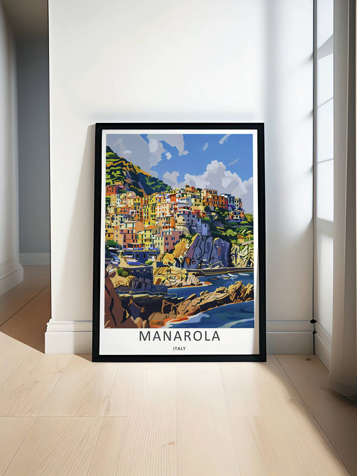 Minimalist Manarola Cinque Terre Italy travel poster of the iconic seaside town scene overlooking the Ligurian Sea without text, customizable as a textured canvas piece or a wood framed wall accent.