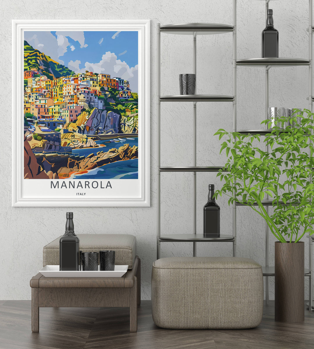 A detailed artistic Manarola Cinque Terre Italy travel poster displaying an elegant seaside view of the Italian Riviera, selectable as a wrapped canvas format or a loose matte poster print.