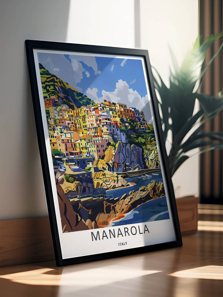 A stunning Italian resort theme print showcasing fluid geometric lines and colorful cottages framing the coast of Manarola Cinque Terre Italy, available in flexible unframed, canvas, or framed layouts.