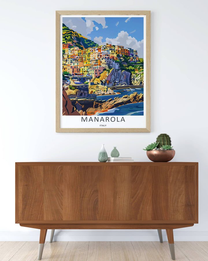 Colorful graphic illustration print of the world-famous coastal scenery and tiny fishing boats of Manarola Cinque Terre Italy, crafted as a premium canvas wall print or a luxury gold framed gallery piece.