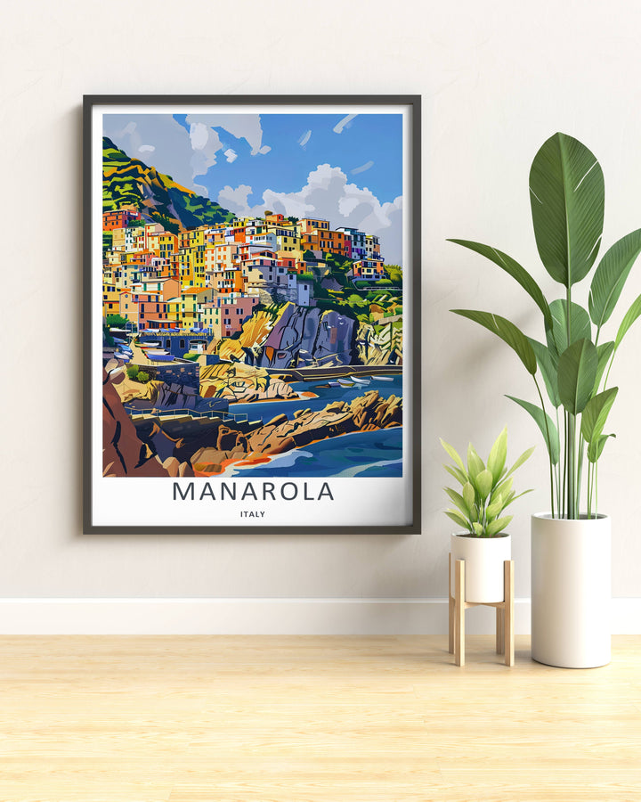 Modern wall art featuring a retro style layout of the iconic cliffside neighborhood of Manarola Cinque Terre Italy, which can be ordered as a stretched canvas format, standalone poster, or pure gold frame.