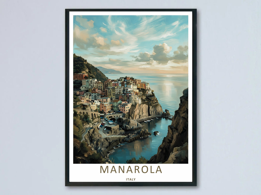 A beautiful Manarola Cinque Terre Italy travel print highlighting an impressionistic style coastal village built onto steep sea cliffs with pastel houses overlooking a calm blue sea.