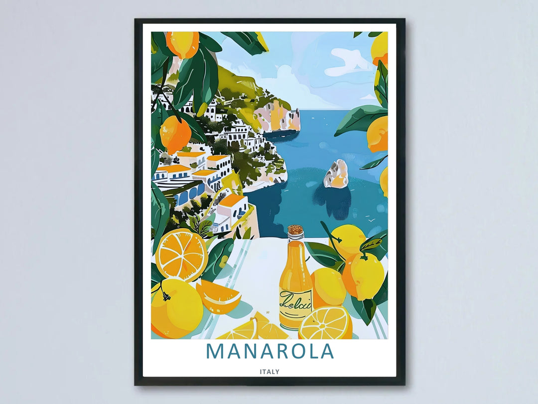 A beautiful Manarola Italy lemon grove coastal art print highlighting a unique graphic style view of the cliffside village framed behind a table filled with fresh summer lemons over a blue sea.