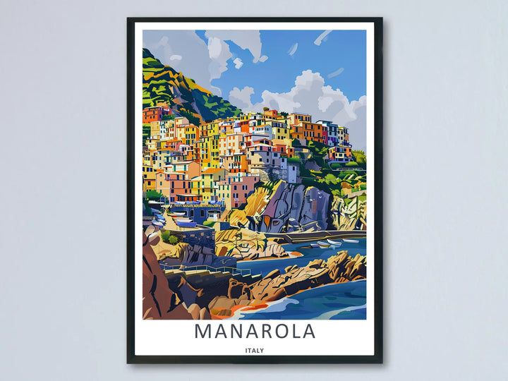 A beautiful Manarola Italy retro cliffside village art print highlighting a color-blocked graphic style coastal village built onto steep sea cliffs with bright houses overlooking a sapphire blue sea.