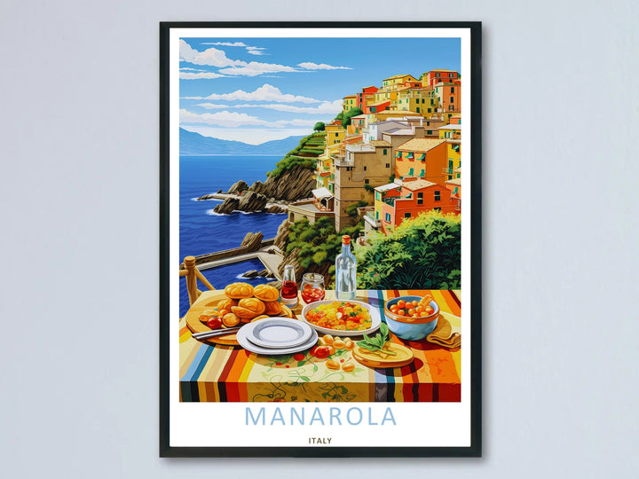 A beautiful Manarola Italy al fresco dining art print highlighting a detailed illustration of an outdoor table filled with bread, pasta, and wine overlooking a colorful cliffside village and blue sea.