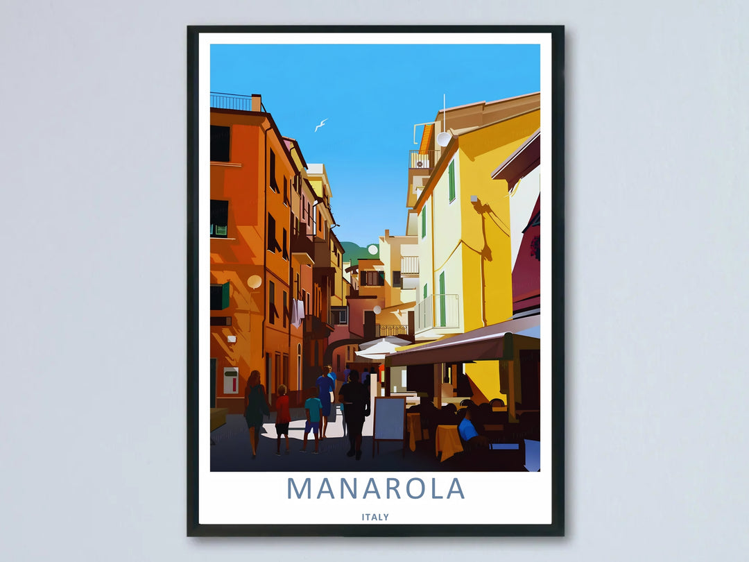 A beautiful Manarola Italy retro village street art print highlighting a high-contrast vector style view of a narrow sunlit alleyway with colorful ochre and terracotta houses under a blue sky.