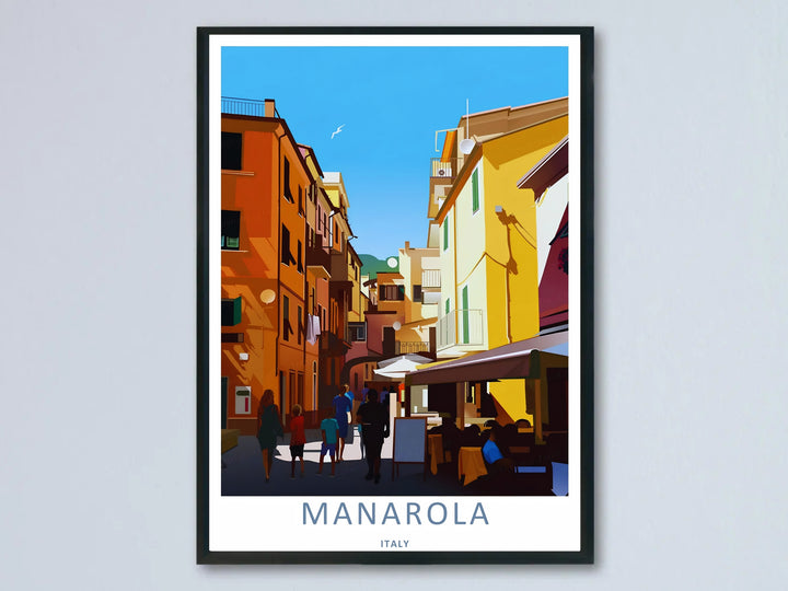A beautiful Manarola Italy retro village street art print highlighting a high-contrast vector style view of a narrow sunlit alleyway with colorful ochre and terracotta houses under a blue sky.