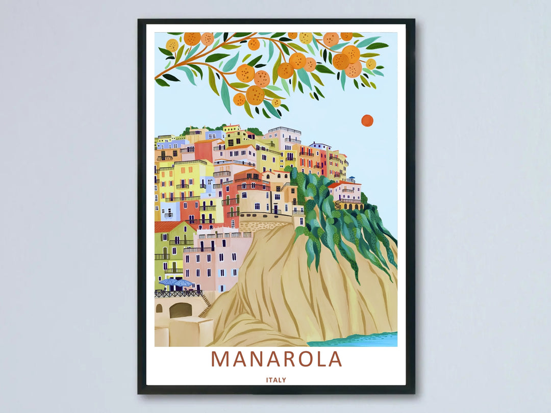 A beautiful Manarola Italy orange tree coastal art print highlighting a whimsical folk-art style view of the cliffside village framed beneath a branch of ripe oranges over a turquoise sea.