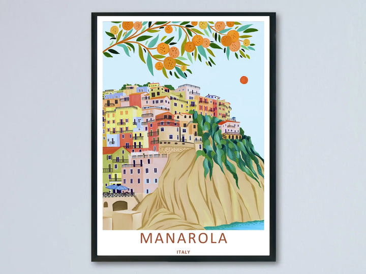 A beautiful Manarola Italy orange tree coastal art print highlighting a whimsical folk-art style view of the cliffside village framed beneath a branch of ripe oranges over a turquoise sea.