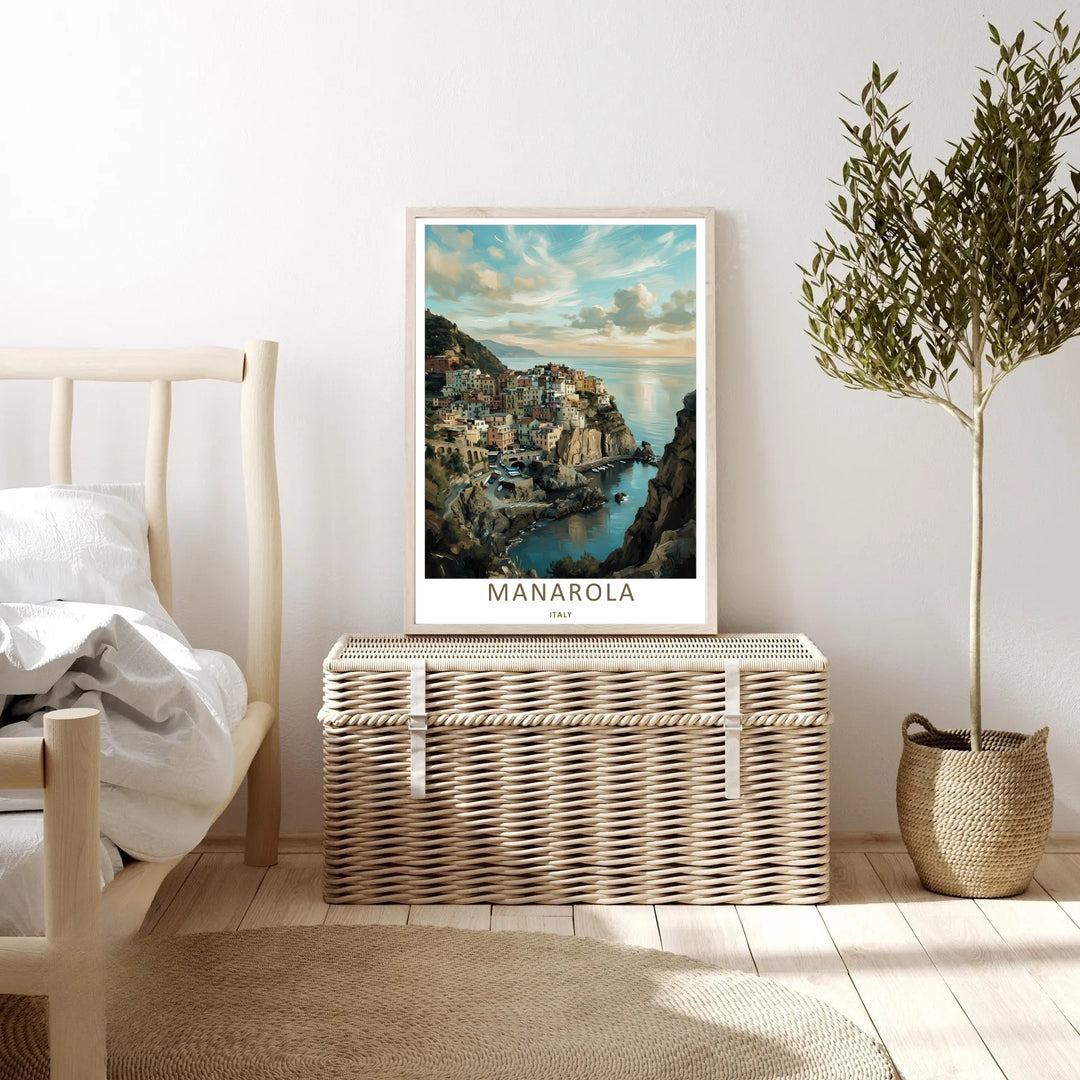 An elegant print style of the scenic Italian cliffs in Manarola Cinque Terre Italy during a peaceful late afternoon, offered as an unframed print, wrapped canvas, or premium retro black framed art finish.