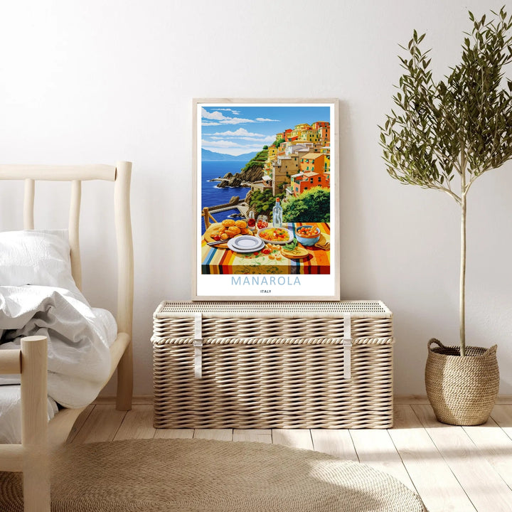 An elegant print style of the scenic Italian cliffs in Manarola Cinque Terre Italy framed by an appetizing lunch display on a terrace, offered as an unframed print, wrapped canvas, or retro black frame.