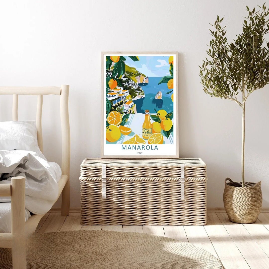 An elegant print style of the scenic Italian cliffs in Manarola Cinque Terre Italy framed by fresh lemons on a table, offered as an unframed print, wrapped canvas, or premium retro black frame.