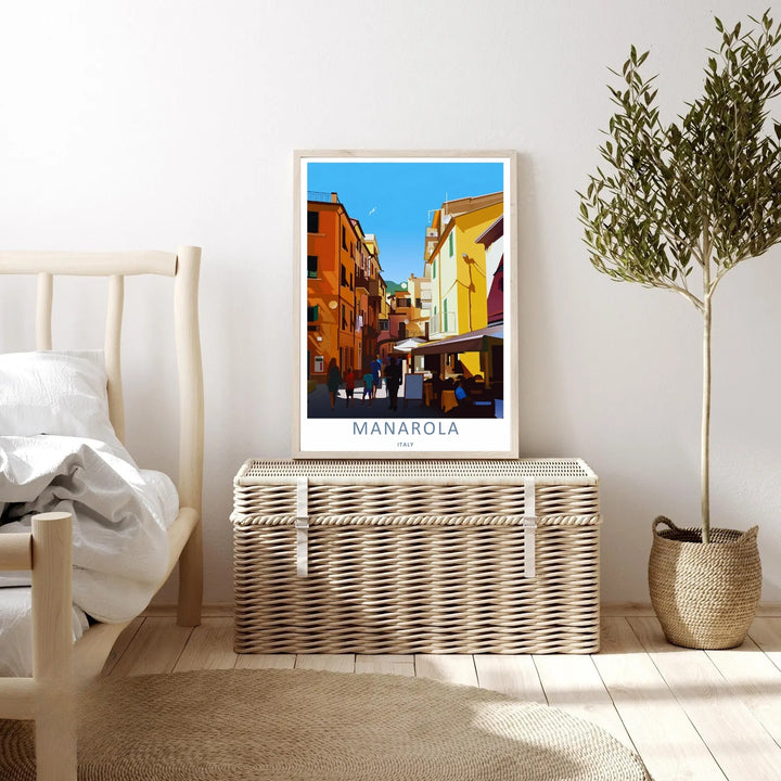 An elegant print style of the scenic Italian streets in Manarola Cinque Terre Italy showcasing local life and architecture, offered as an unframed print, wrapped canvas, or premium retro black frame.