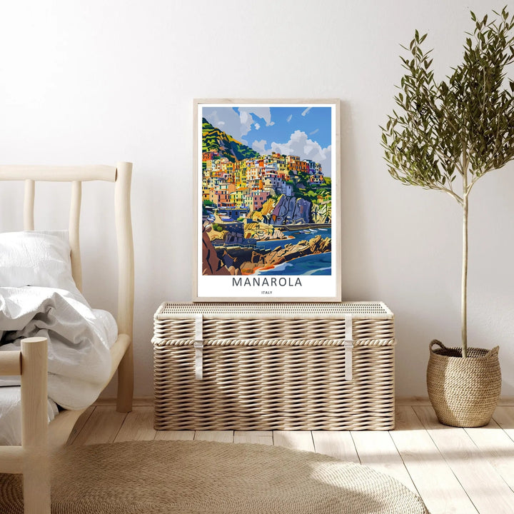An elegant print style of the scenic Italian cliffs in Manarola Cinque Terre Italy during a bright summer afternoon, offered as an unframed print, wrapped canvas, or premium retro black framed art finish.