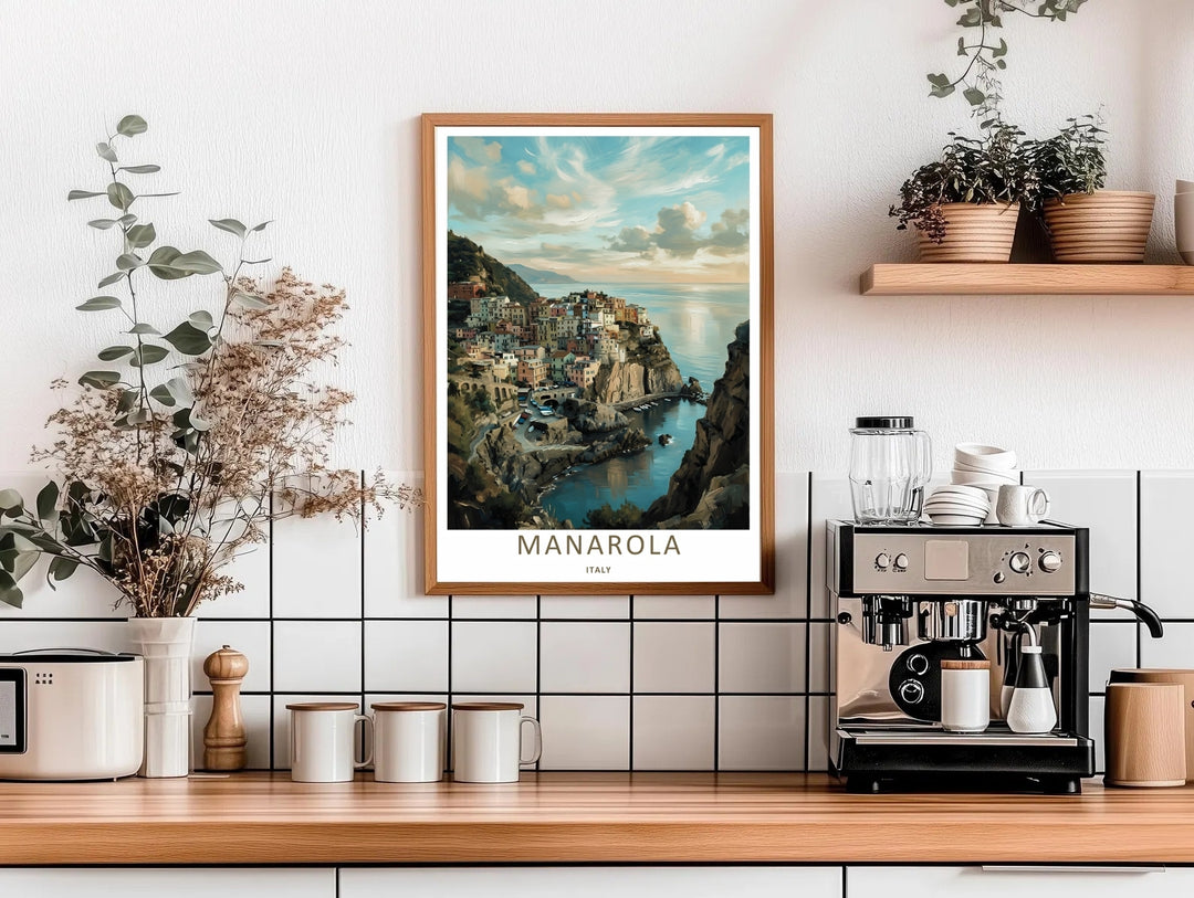 High-contrast painterly artwork of a vintage style harbor scene below the terraced hillsides of Manarola Cinque Terre Italy, custom made as a canvas print, standalone print, or a retro white framed poster.