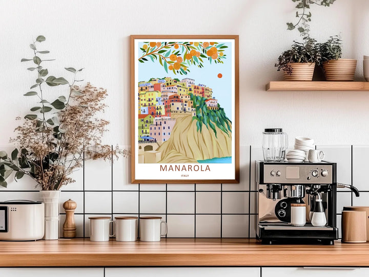 High-contrast vector artwork of a vintage style house cascade below a bright minimalist sun in Manarola Cinque Terre Italy, custom made as a canvas print or a retro white framed poster.