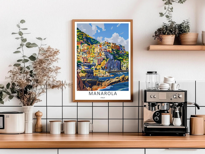 High-contrast vector artwork of a vintage style harbor scene below the terraced hillsides of Manarola Cinque Terre Italy, custom made as a canvas print, standalone print, or a retro white framed poster.