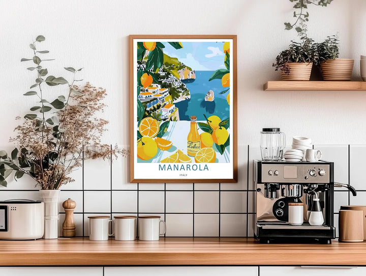 High-contrast vector artwork of a vintage style house cascade behind a bright tabletop display in Manarola Cinque Terre Italy, custom made as a canvas print or a retro white framed poster.