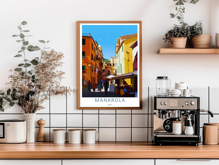 High-contrast vector artwork of a vintage style house row with clotheslines hanging out in Manarola Cinque Terre Italy, custom made as a canvas print or a retro white framed poster.
