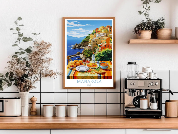 High-contrast vector artwork of a vintage style house cascade behind a bright dinner table display in Manarola Cinque Terre Italy, custom made as a canvas print or a retro white framed poster.