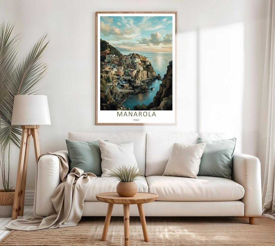 A colorful nature and architectural design of the historic Mediterranean village and rugged coastline in Manarola Cinque Terre Italy, available in a variety of presentation formats including canvas and bronze frames.