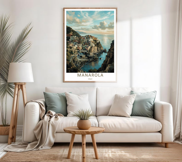 A colorful nature and architectural design of the historic Mediterranean village and rugged coastline in Manarola Cinque Terre Italy, available in a variety of presentation formats including canvas and bronze frames.