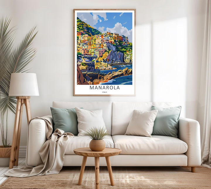 A colorful nature and architectural design of the historic Mediterranean village and rugged coastline in Manarola Cinque Terre Italy, available in a variety of presentation formats including canvas and bronze frames.
