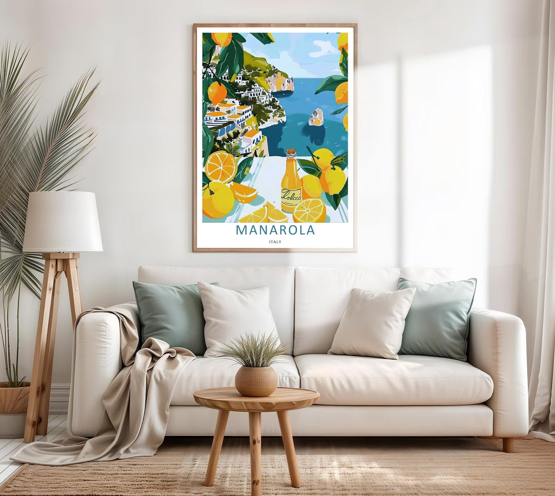 A colorful nature and architectural design of the historic Mediterranean village and hanging yellow fruit in Manarola Cinque Terre Italy, available as a textured canvas or a custom bronze frame.