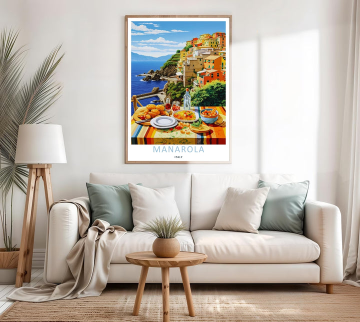 A colorful nature and architectural design of the historic Mediterranean village and outdoor dining vignette in Manarola Cinque Terre Italy, available as a textured canvas or a custom bronze frame.