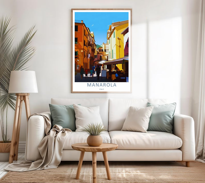 A colorful nature and architectural design of the historic Mediterranean street corner and walking people in Manarola Cinque Terre Italy, available as a textured canvas or a custom bronze frame.