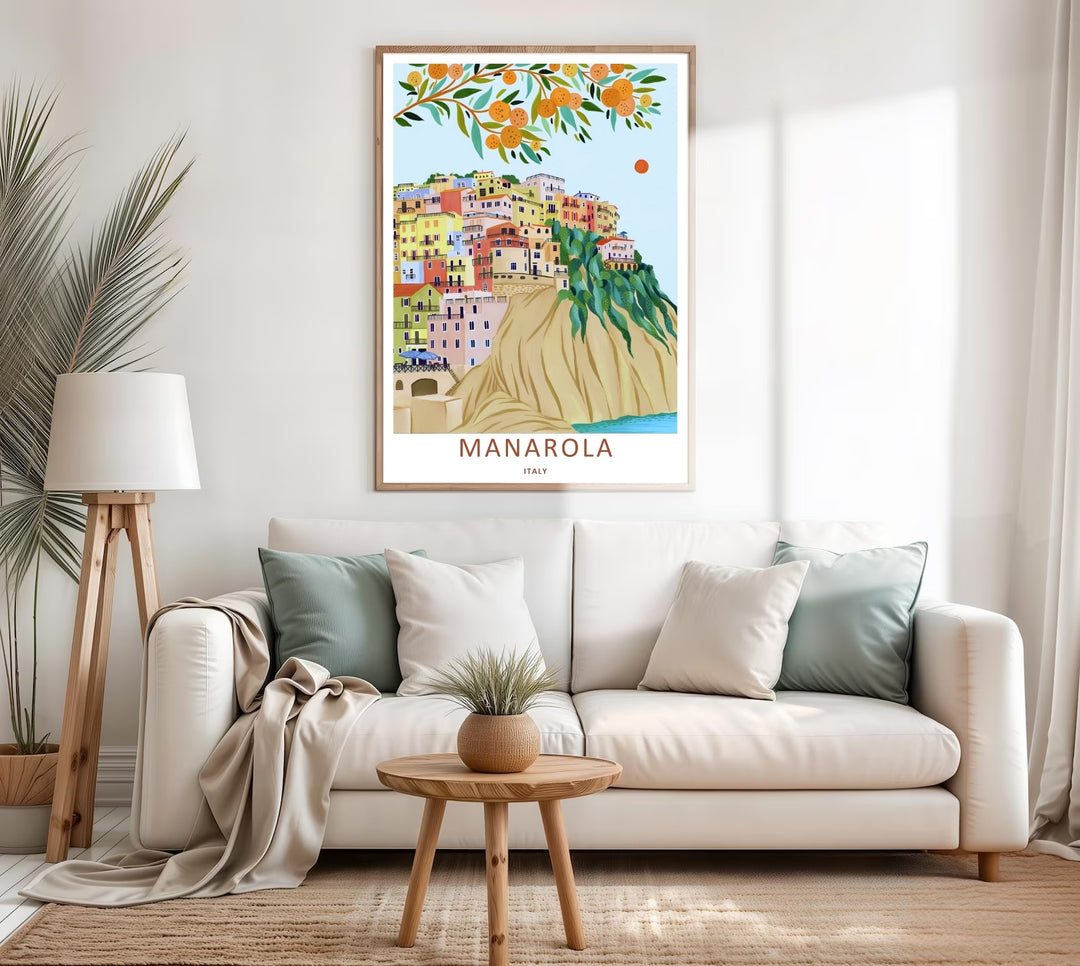 A colorful nature and architectural design of the historic Mediterranean village and hanging citrus tree in Manarola Cinque Terre Italy, available as a textured canvas or a custom bronze frame.