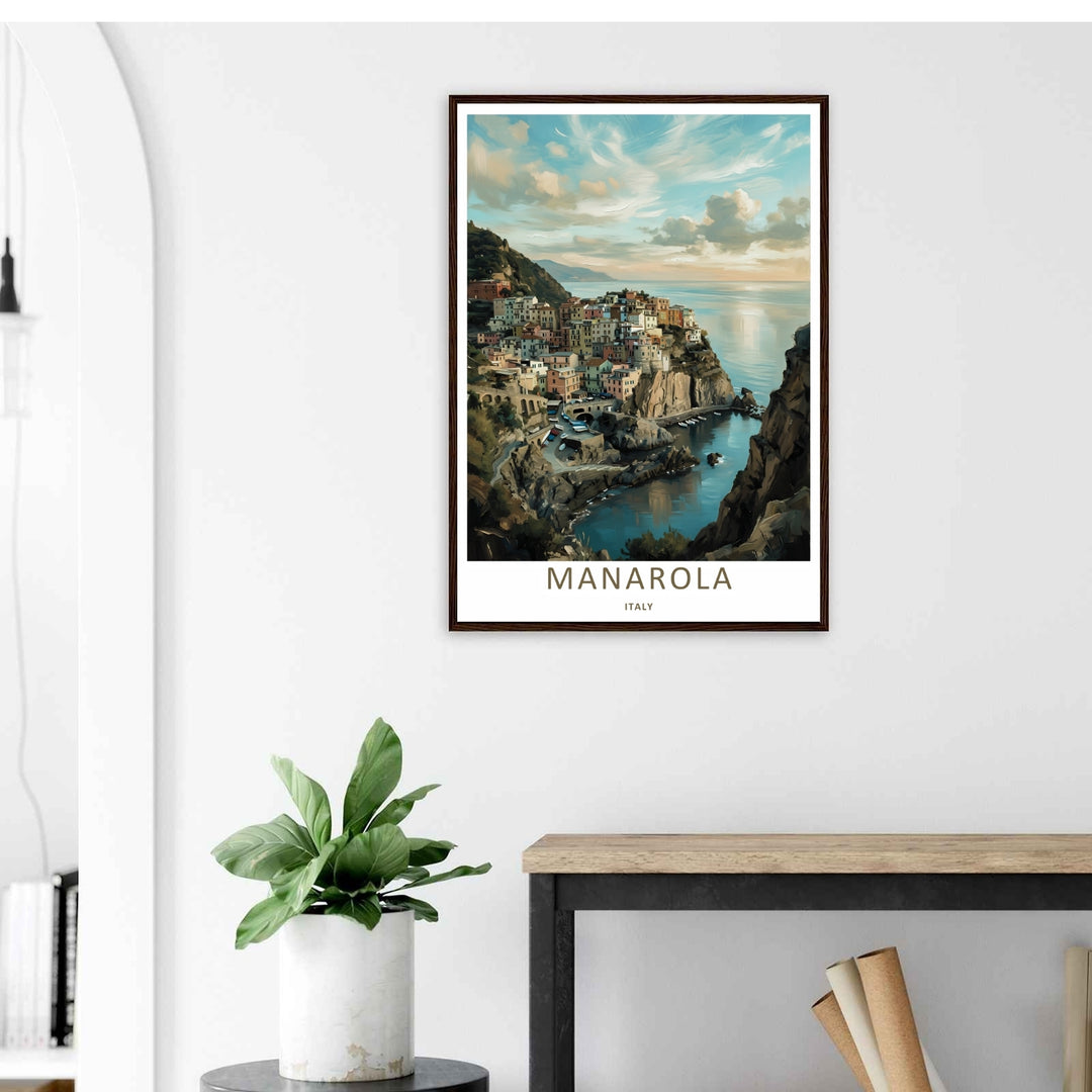 A stylized landscape print displaying a vintage fine art style Manarola Cinque Terre Italy sea cliff line looking down over the harbor, with options to purchase as an unframed print, canvas, or a luxury silver frame.