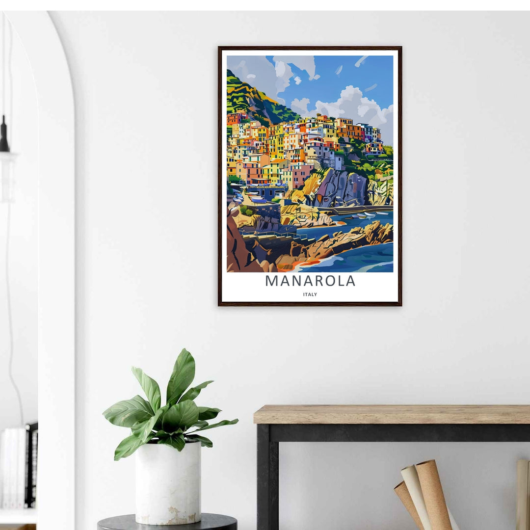 A stylized landscape print displaying a vintage fine art style Manarola Cinque Terre Italy sea cliff line looking down over the harbor, with options to purchase as an unframed print, canvas, or a luxury silver frame.