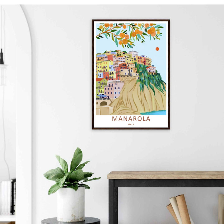 A stylized landscape print displaying a vintage fine art style Manarola Cinque Terre Italy sea cliff line under an orange tree, with options to purchase as an unframed print or a luxury silver frame.
