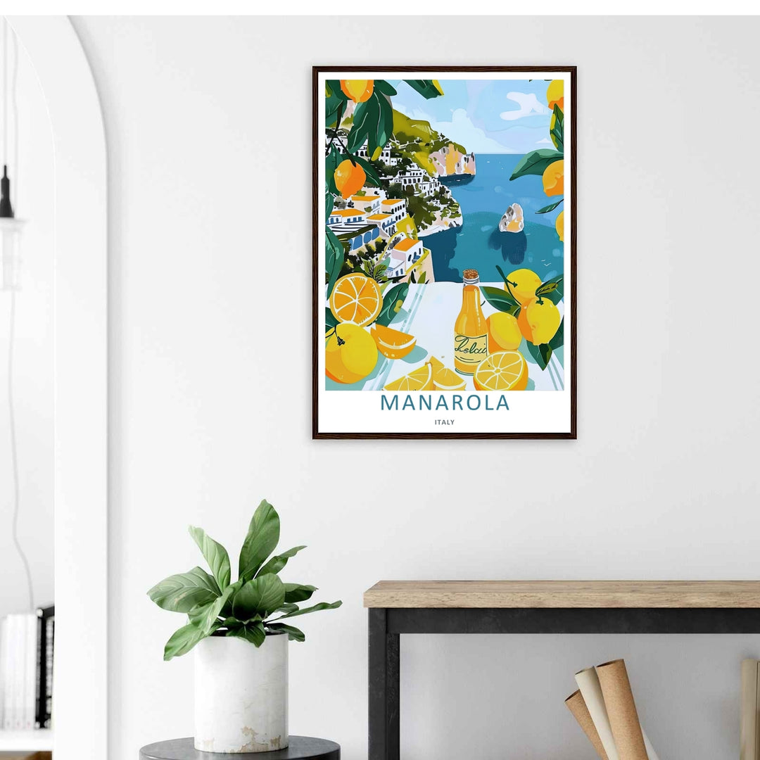 A stylized landscape print displaying a vintage fine art style Manarola Cinque Terre Italy sea cliff line behind a citrus harvest, with options to purchase as an unframed print or a luxury silver frame.