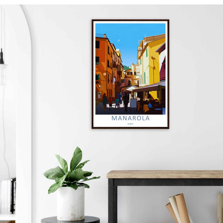A stylized landscape print displaying a vintage fine art style Manarola Cinque Terre Italy town path under a bright noon sun, with options to purchase as an unframed print or a luxury silver frame.