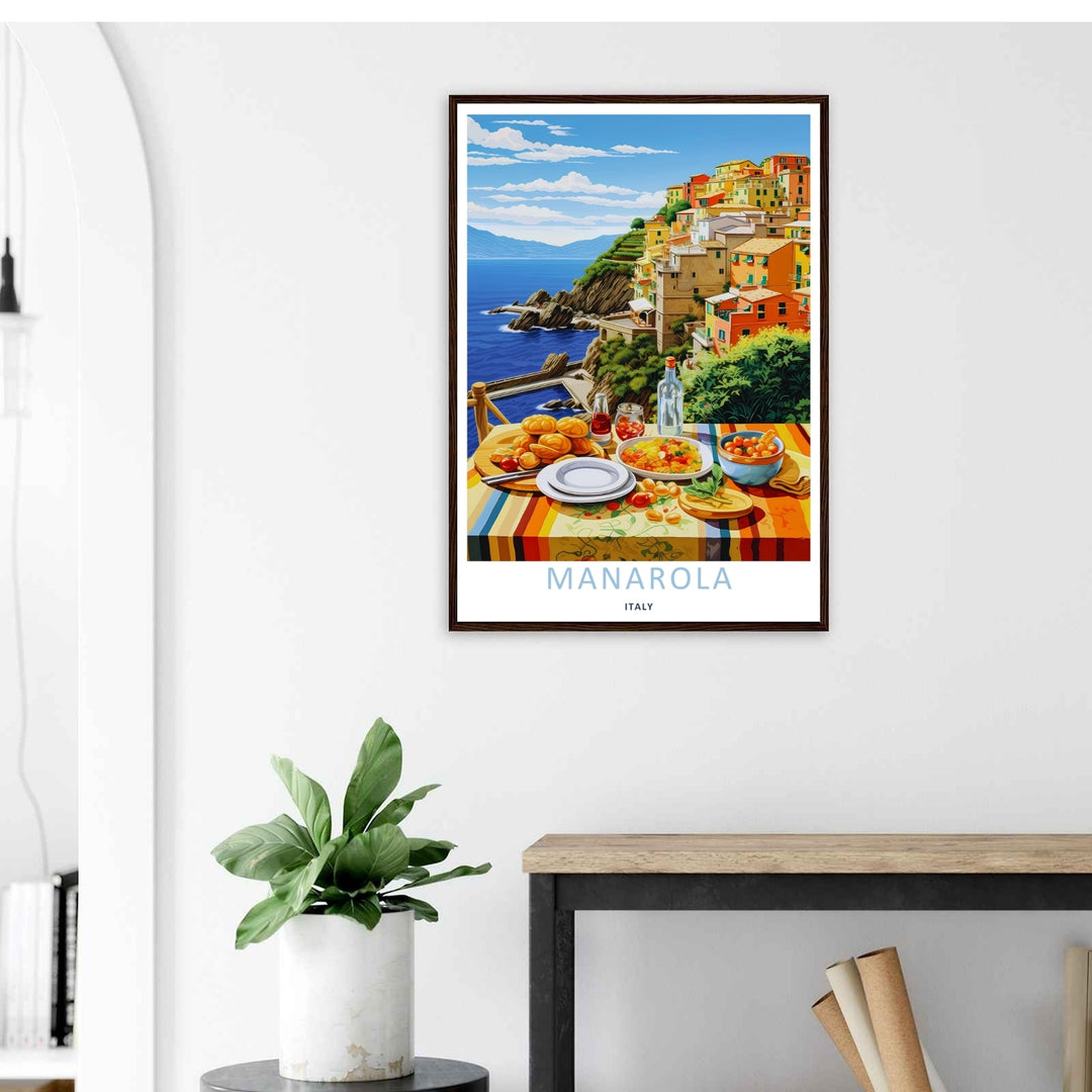 A stylized landscape print displaying a vintage fine art style Manarola Cinque Terre Italy sea cliff line behind an al fresco meal, with options to purchase as an unframed print or a luxury silver frame.