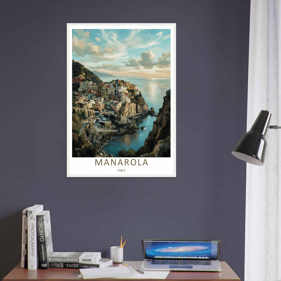 A unique retro travel illustration of the historical cliffside town of Manarola Cinque Terre Italy, displaying a painterly texture with a soft golden sunset reflecting over the harbor water.