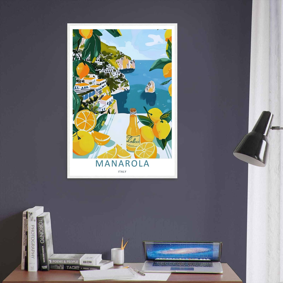 A unique retro travel illustration of the historical town of Manarola Cinque Terre Italy, displaying a clean flat-color terrace scene with a glass bottle and sliced yellow lemons in the foreground.