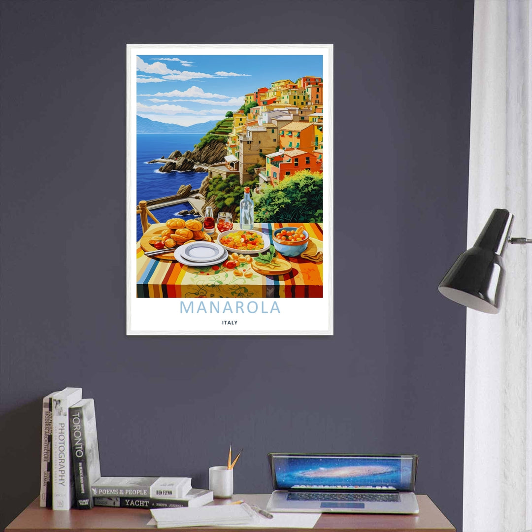 Warm Mediterranean decor featuring a striped tablecloth with a fresh Italian food spread in Manarola Cinque Terre Italy, purchasable as a wrapped canvas format or a premium white frame.