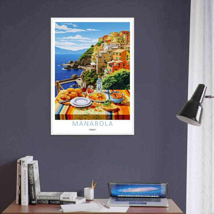 Warm Mediterranean decor featuring a striped tablecloth with a fresh Italian food spread in Manarola Cinque Terre Italy, purchasable as a wrapped canvas format or a premium white frame.