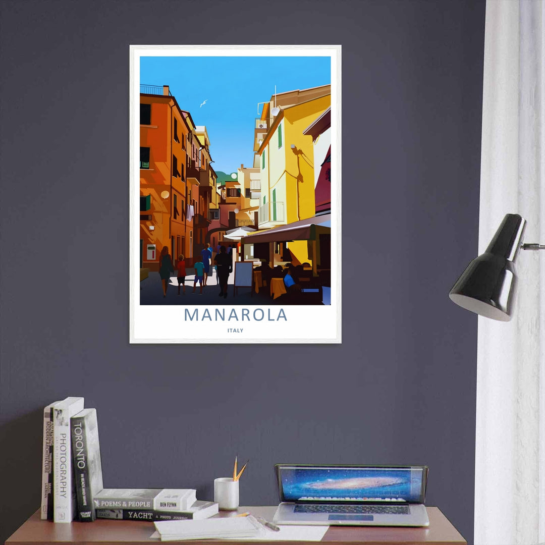 A unique retro travel illustration of the historical town of Manarola Cinque Terre Italy, displaying a clean flat-color street scene with deep shadows cutting across a village pathway.