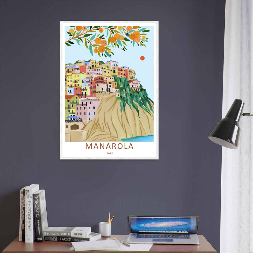 A bold graphic travel poster capturing the citrus branch framing and iconic cliffside architecture of Manarola Cinque Terre Italy, ready to order as an unframed print or a natural wood frame.